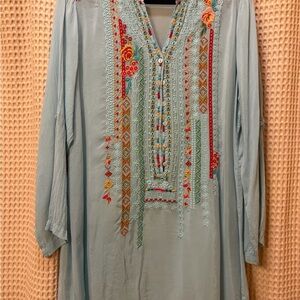 Johnny Was Light Blue Tunic with Red Embroidery